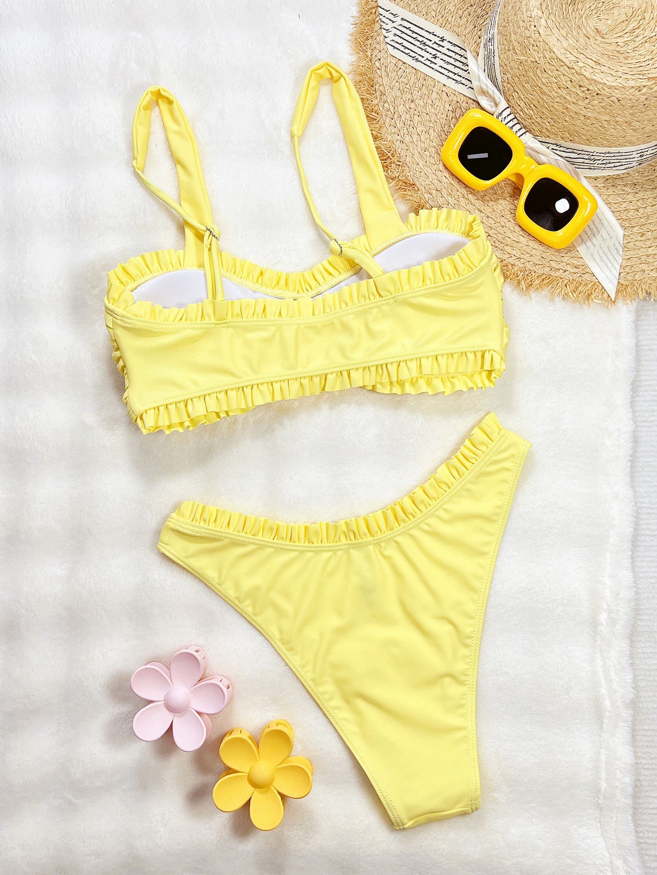 Yellow Ruffle Push Up Bikini Set | High Waist Triangle Swimsuit for Women | noémi