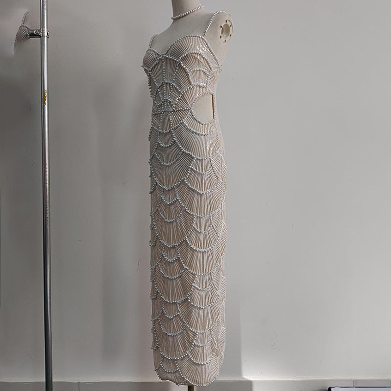 Pearl Embellished White Midi Dress | Strapless Cutout Gown with Beaded Detail | noémi