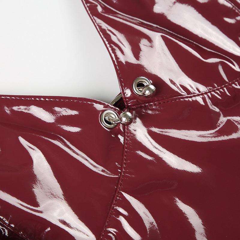 Wine Red Faux Leather Halter Top | Backless, ZipUp Camisole with LaceUp Detail | noémi