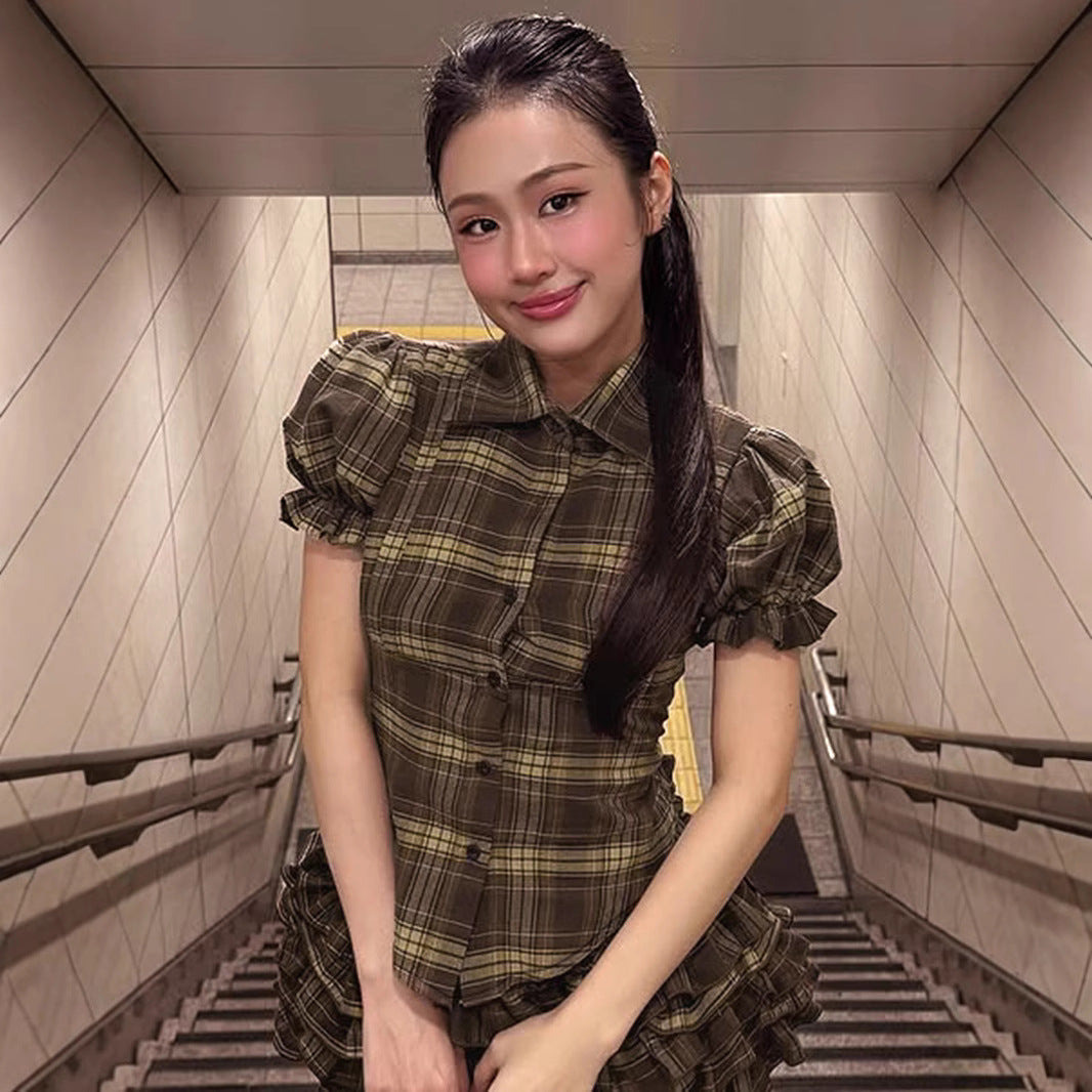 Plaid Puff Sleeve Blouse & Ruffle Mini Skirt Set | Brown Checkered Two Piece Outfit | noémi