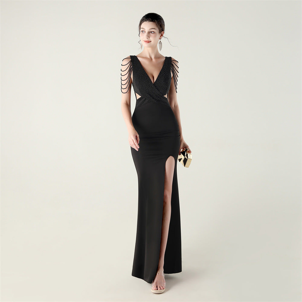 Beaded Slim Fit Dress V Neck Slit Gown | noémi