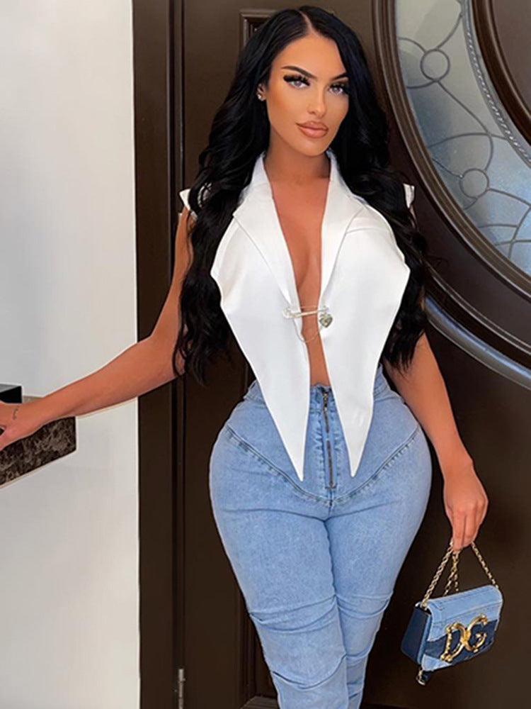 Solid Color Polo Collar Inverted Hem Sleeveless Tank Top | noémi