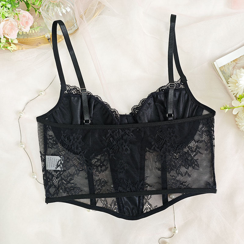 Sheer Lace Mesh Corset Bra with Boning and Suspender Straps for Women | noémi