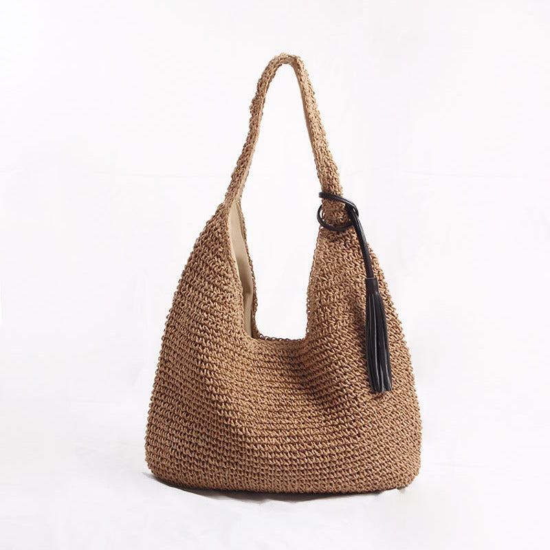 Large-Capacity Straw Shoulder Bag – Woven Coffee-Brown Beach Tote | noémi