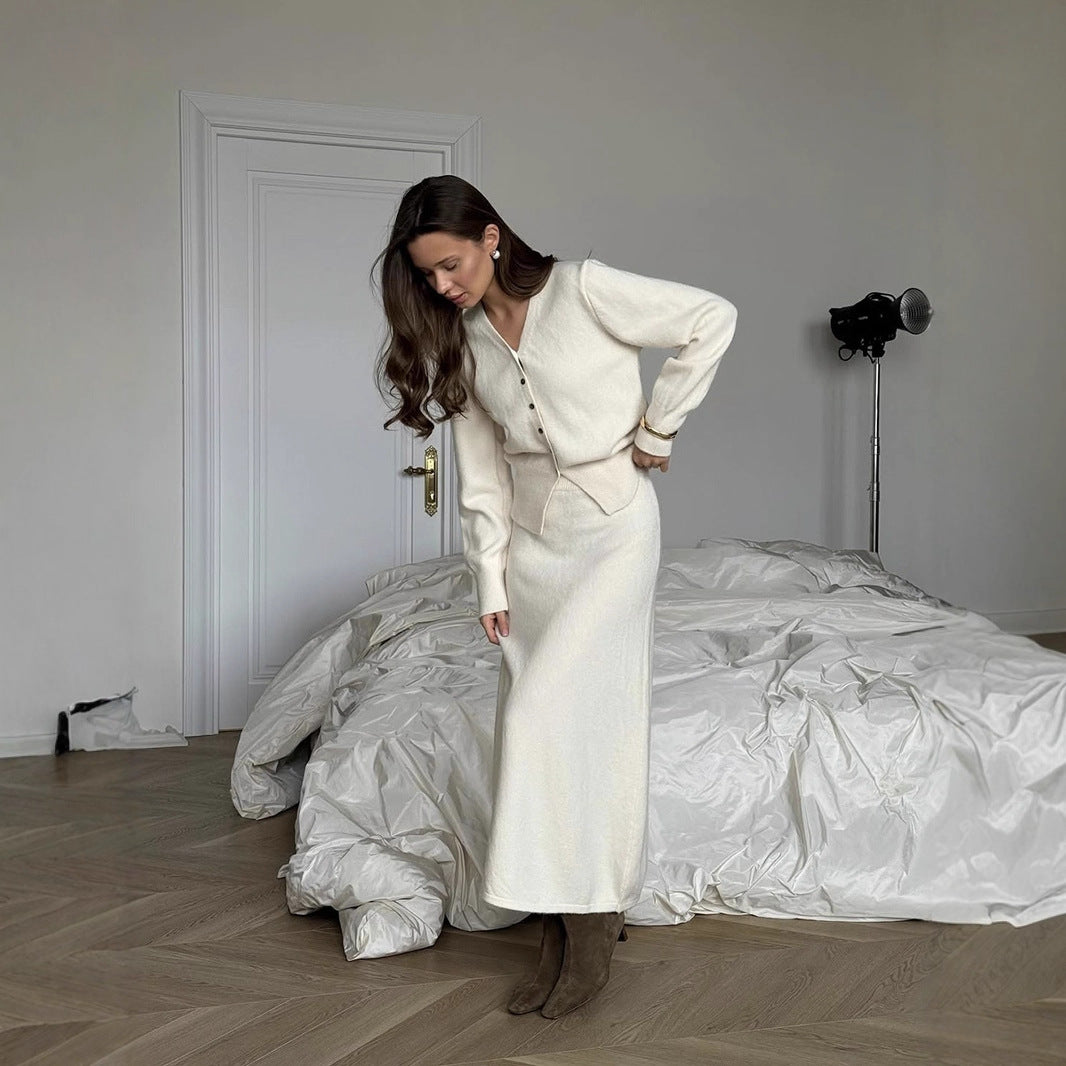 Two Piece Knit Skirt Set | Cozy Button Cardigan & Straight Skirt | noémi