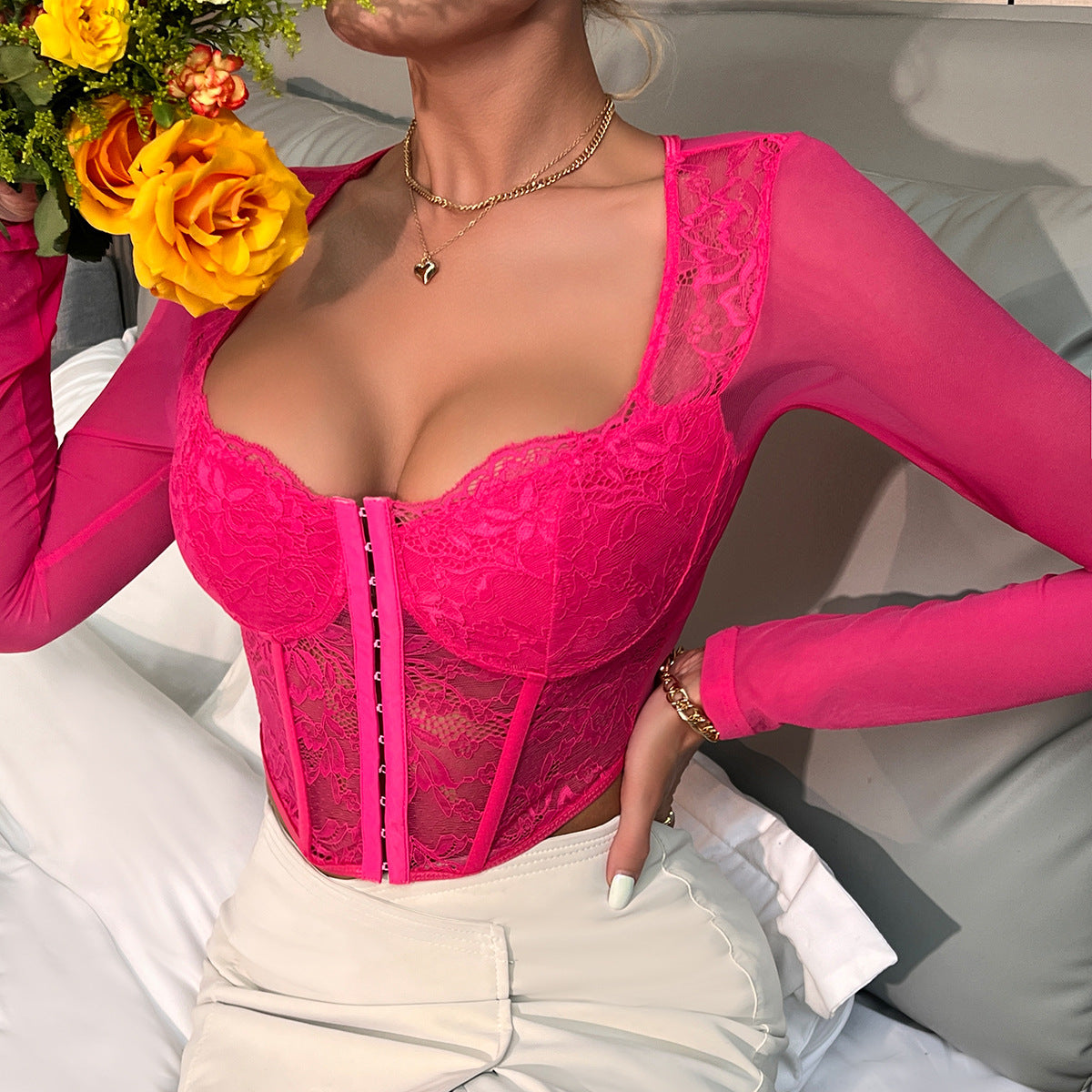 Lace Mesh Corset Top with Boning | V Neck Sheer Long Sleeve Blouse for Women | noémi