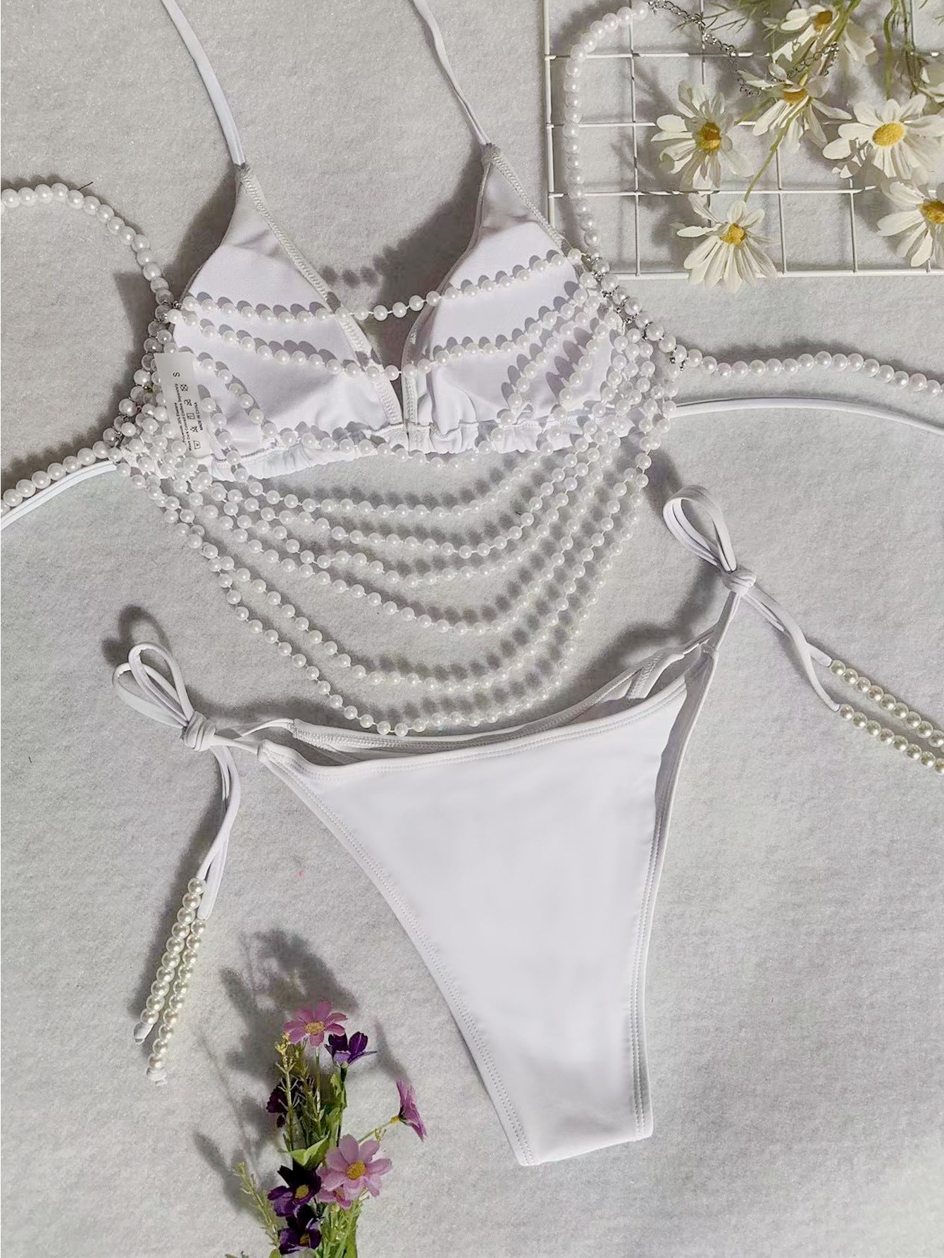 Pearl Chain Bikini | White Swimsuit with Drape Beads, Two-Piece Split Design | noémi