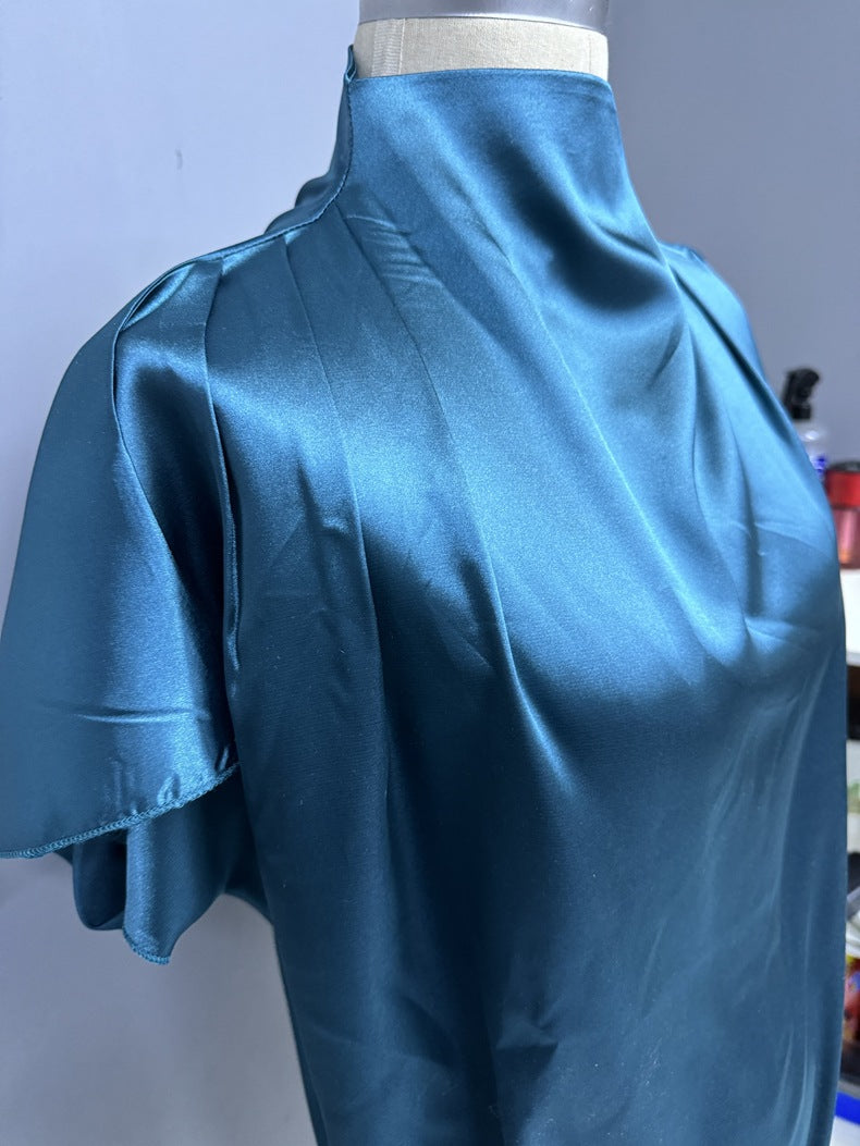 Satin Blouse | High Neck Short Sleeve Top in Champagne | noémi