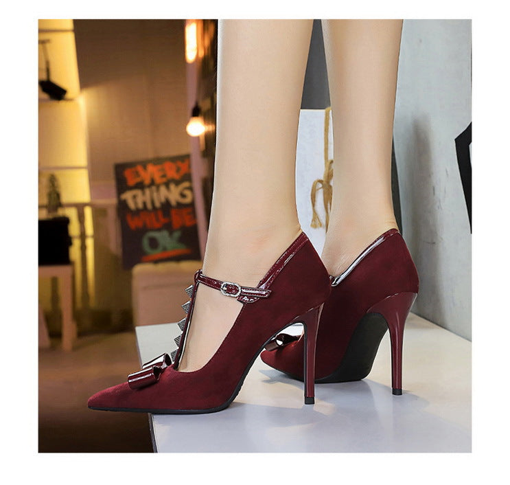 Women’s T Strap Suede High Heels | Pointed Toe, Bow & Rivet Detail | noémi