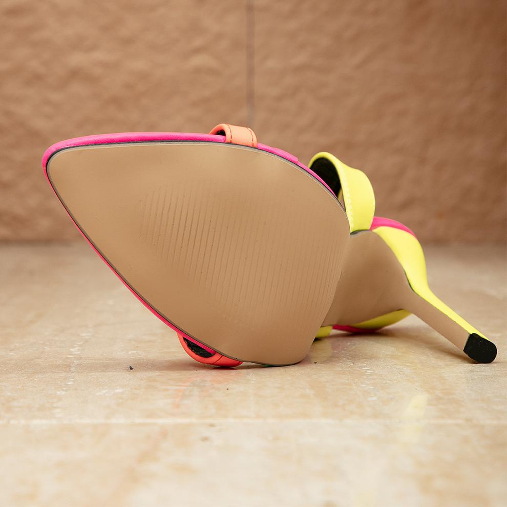 Super High Heel Color Block Sandals | Neon Pink, Yellow & Orange | Peep Toe, Pointed, Strappy | noémi