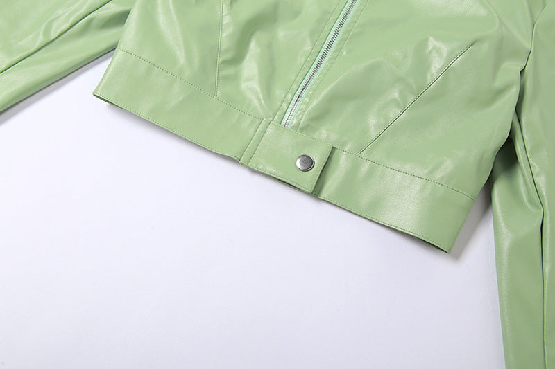 Womens Cropped Faux Leather Zipper Coat | Long Sleeve Sheath Jacket | noémi