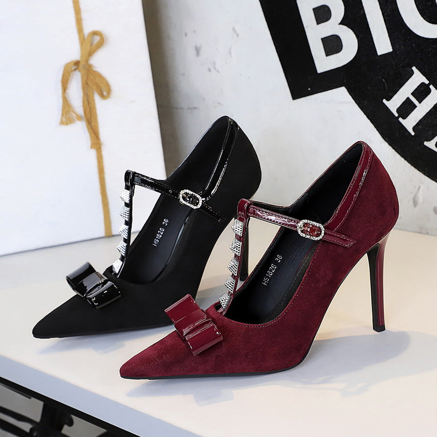 Women’s T Strap Suede High Heels | Pointed Toe, Bow & Rivet Detail | noémi