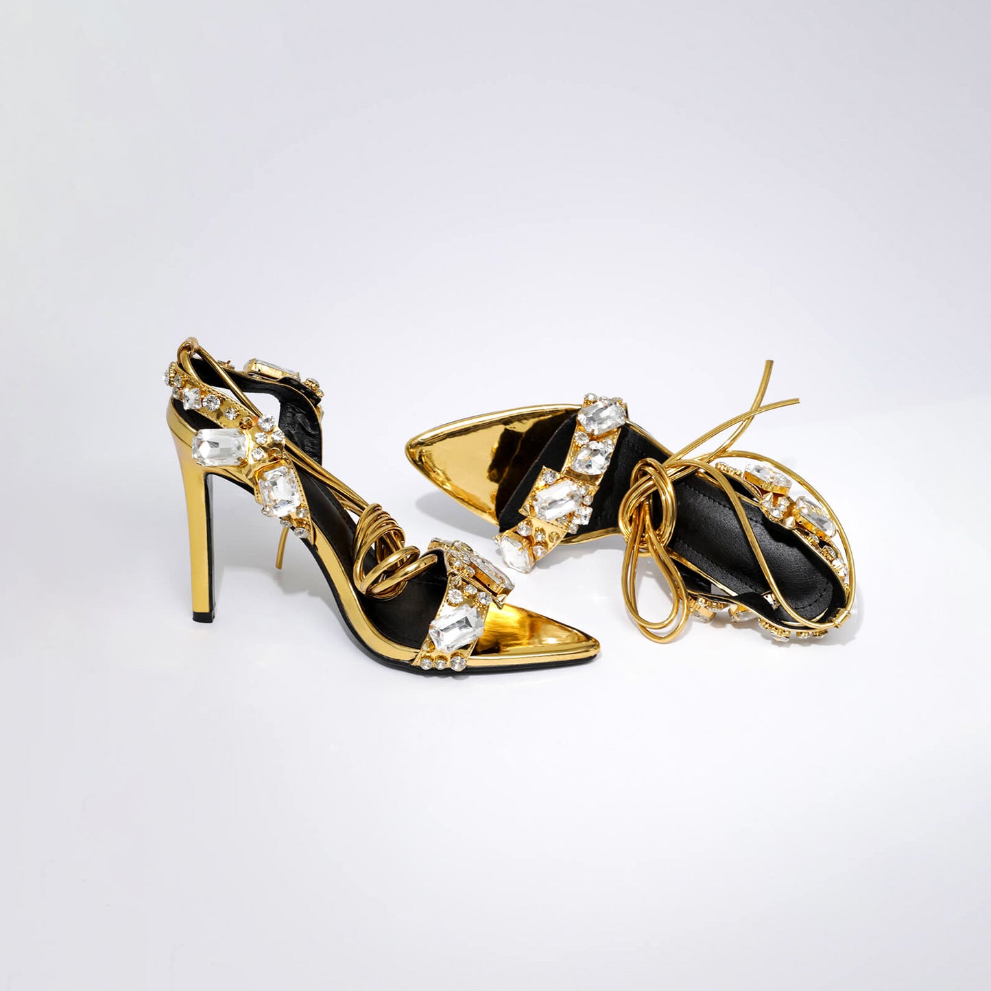 Crystal Embellished Metallic Heels | 11cm Rhinestone Lace Up High Heels | Pointed & Open Toe Sandals | noémi