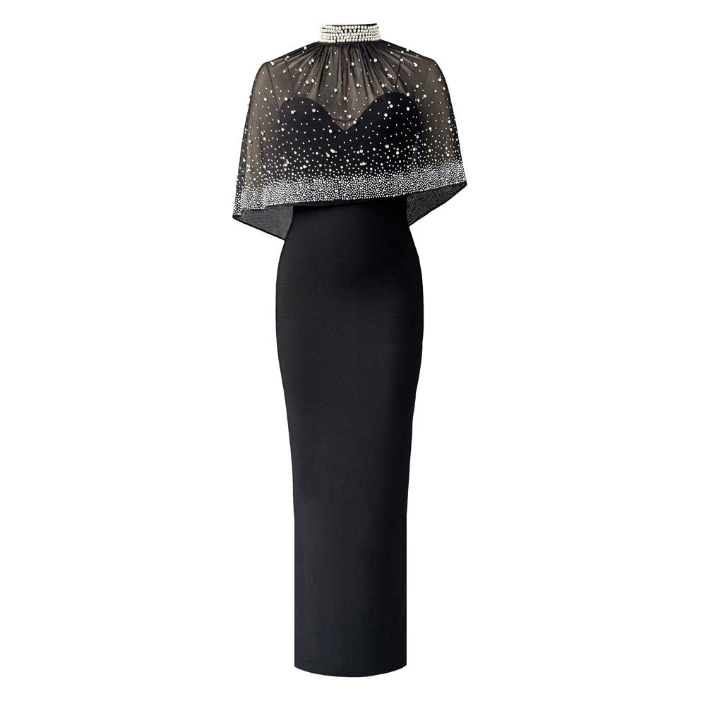 Black Pearl Cape Gown | Strapless Fitted Maxi Dress with Detachable Sheer Overlay | noémi