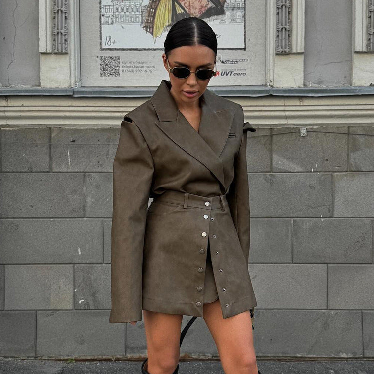 Women's Retro Faux Leather Skirt Set | Long Sleeve Cutout Top & High Waist Skirt | noémi