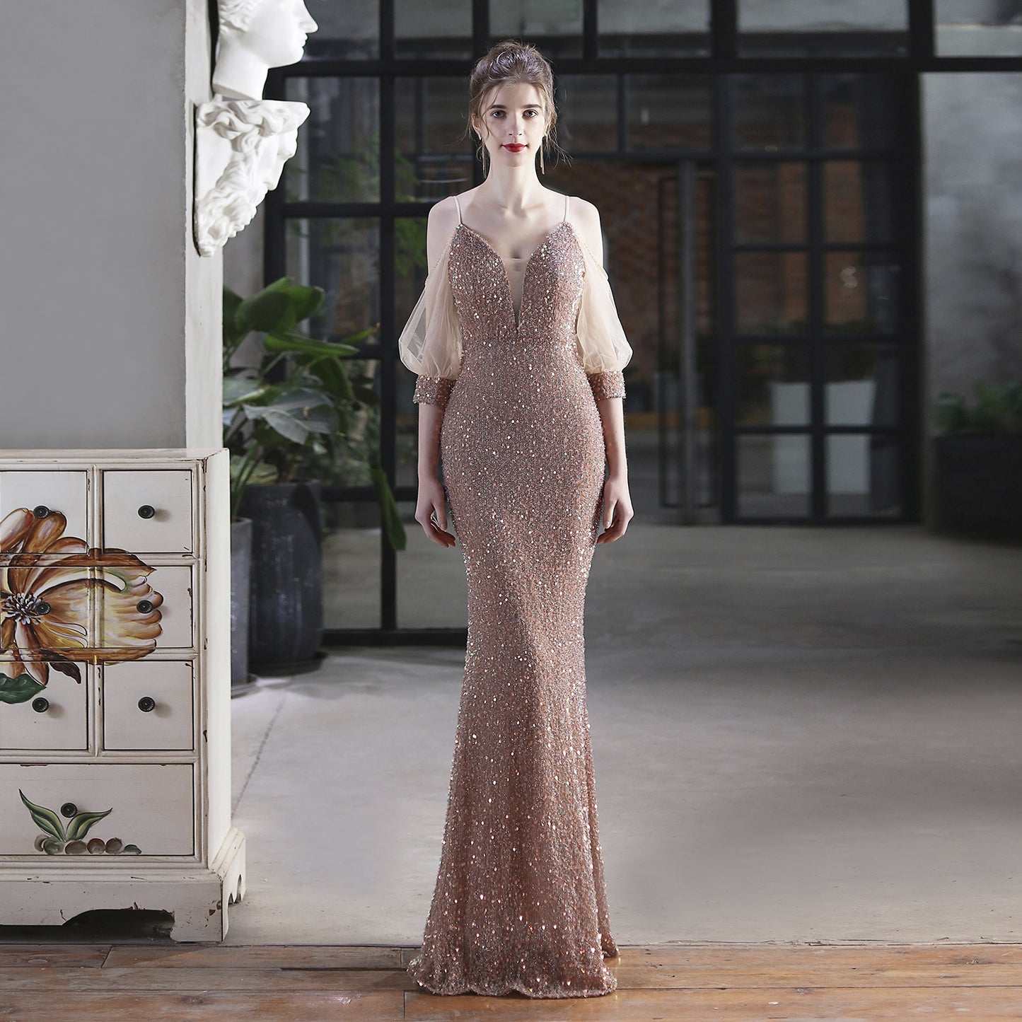 Sequin Toast Dress | Long Slim Fit Fishtail Gown | noémi