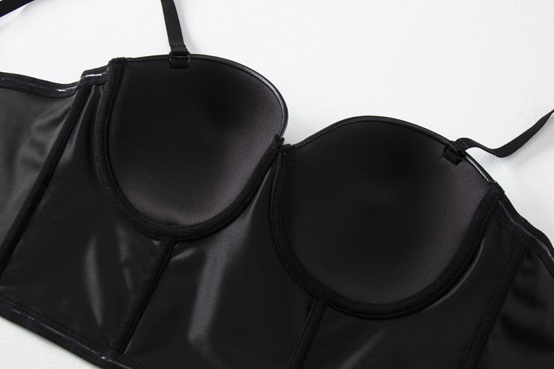 Black Leather Corset Top | Womens Boning Bustier Vest with Adjustable Straps | noémi