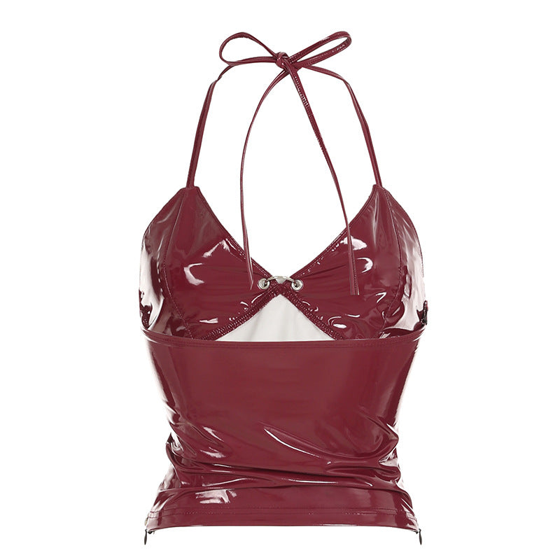 Wine Red Faux Leather Halter Top | Backless, ZipUp Camisole with LaceUp Detail | noémi