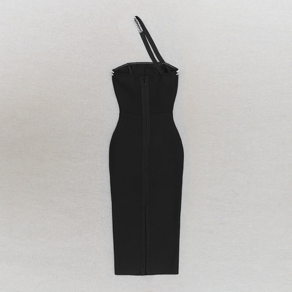 Chain Strap One Shoulder Mid Length Bodycon Dress | noémi
