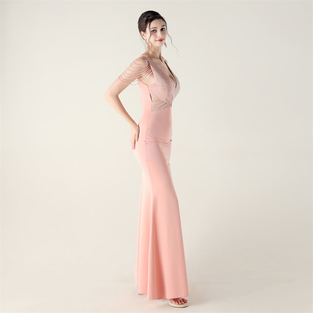 Beaded Slim Fit Dress V Neck Slit Gown | noémi
