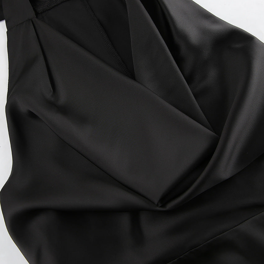 Black Off Shoulder Satin Dress | Swing Skirt Self Tie Waist | noémi