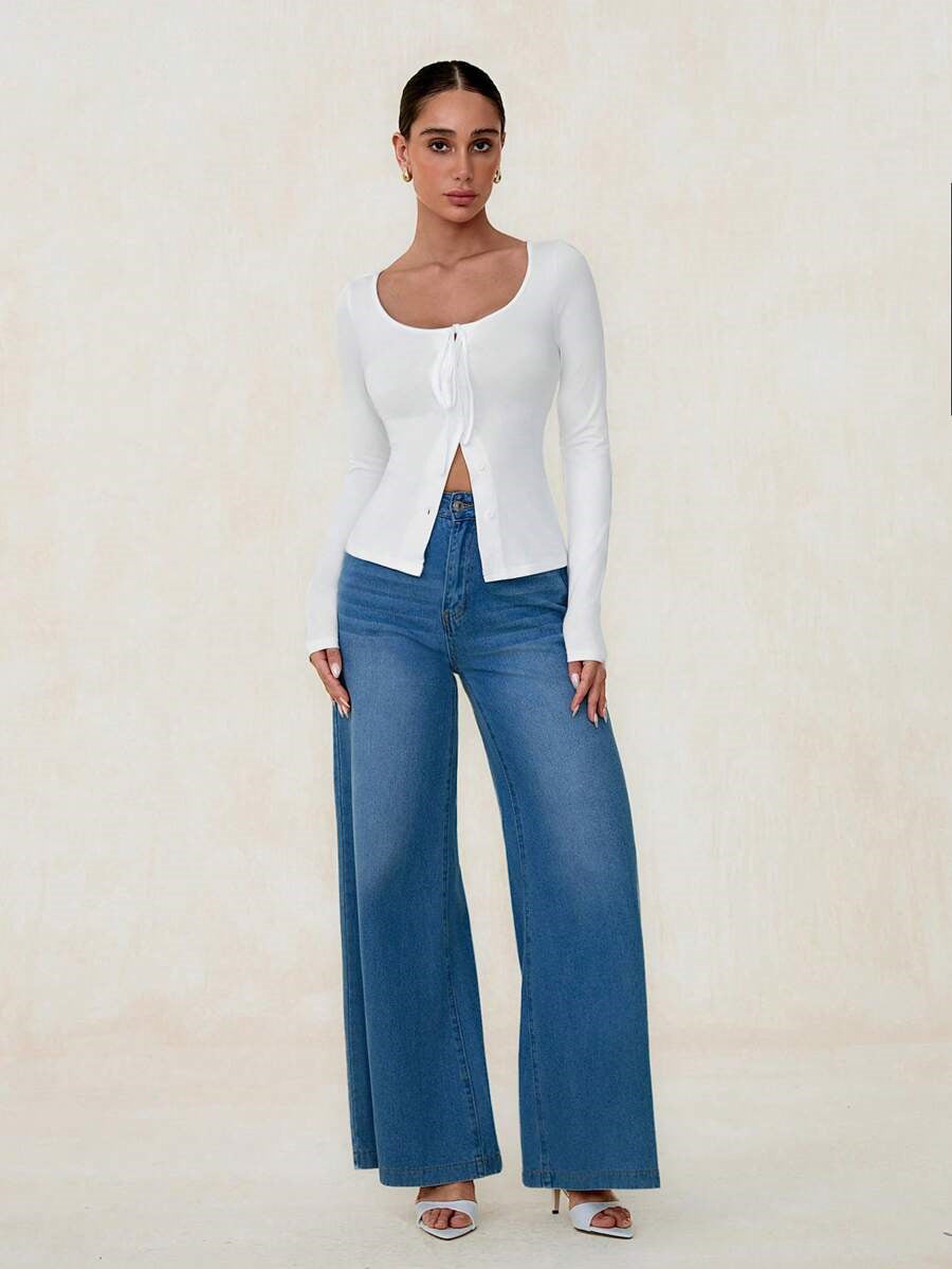 Women's Long Sleeve Cardigan Top with LaceUp Front | Button Detail | noémi