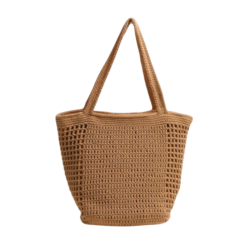 Cotton-Woven Shoulder Tote Bag – Hollow-Out Large-Capacity Beach Carryall, Cream | noémi