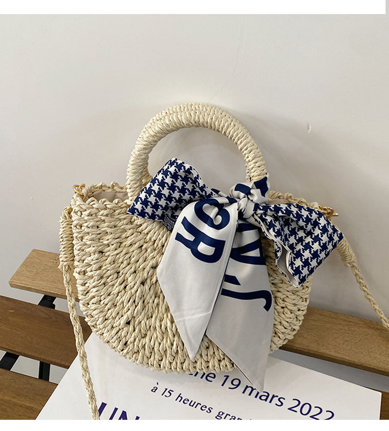 Straw Crossbody Bag with Plaid Scarf | Stylish Woven Summer Beach Bag | noémi