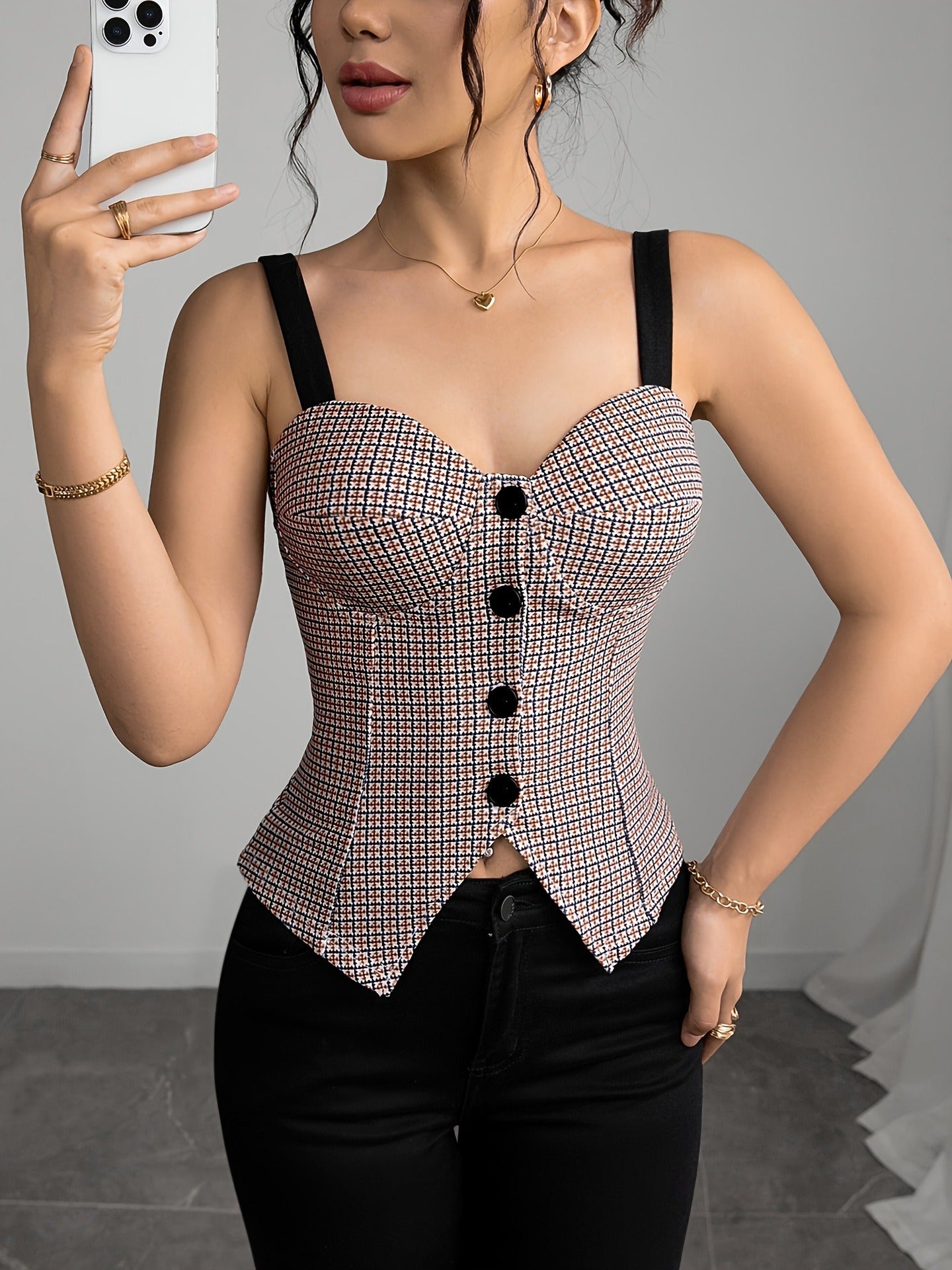 Retro Plaid Corset Tube Top | Button Front, Slim Fit, French Chic Style | noémi