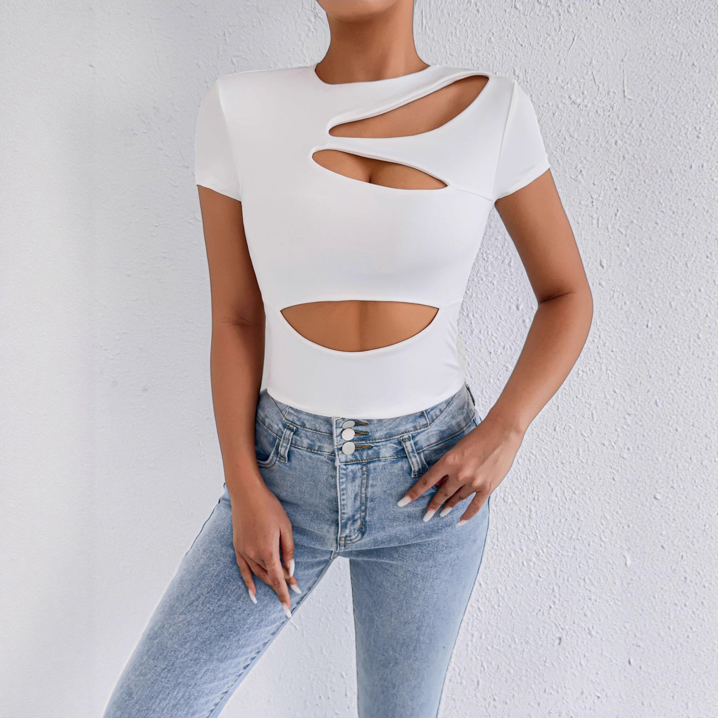 Hollow Out Crop Top | Short Sleeve, Cutout Summer Tee, Round Neck | noémi