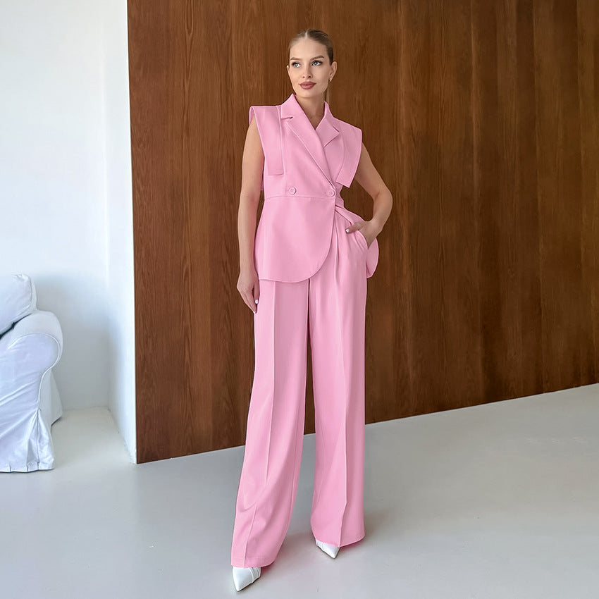 Pink Sleeveless Blazer & Wide Leg Trousers Set | Summer Two Piece Suit | noémi