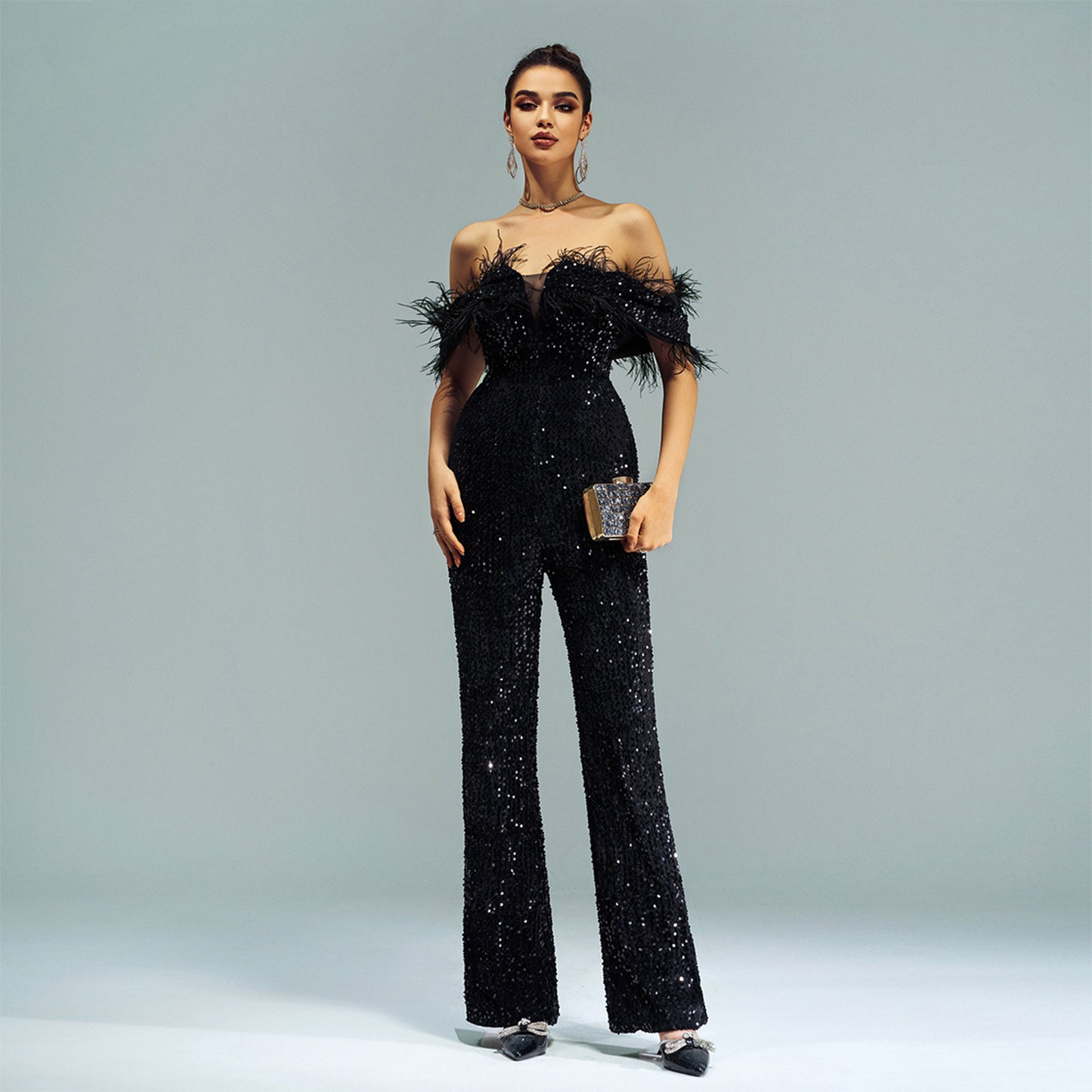 Women’s Black Sequin Off Shoulder Feather Jumpsuit | noémi