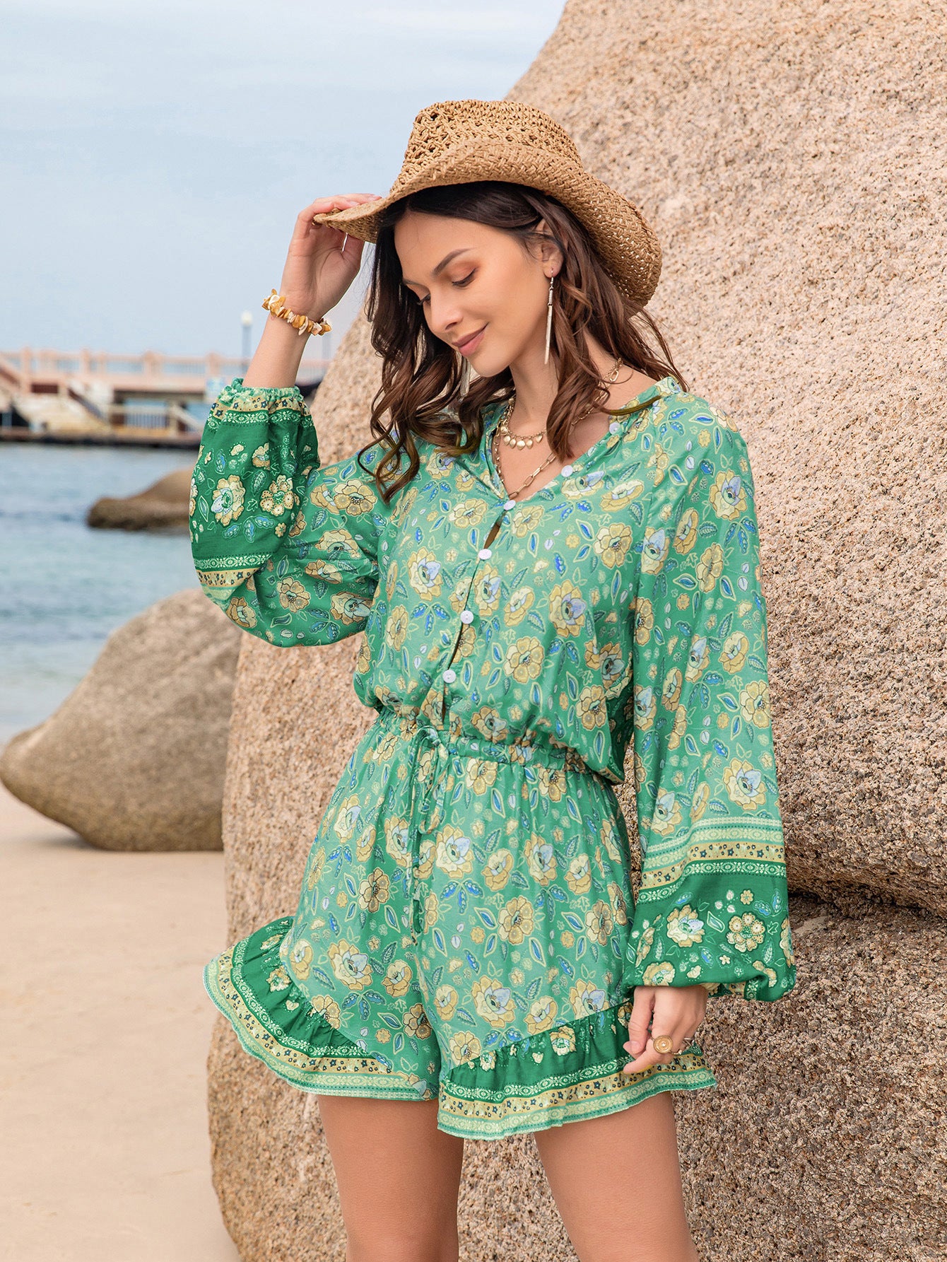 Boho Green Floral Long Sleeve Beach Romper | Lightweight | noémi