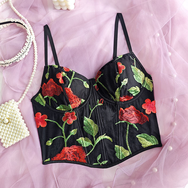 Floral Embroidered Boning Corset Vest with Printed Suspenders for Women | noémi