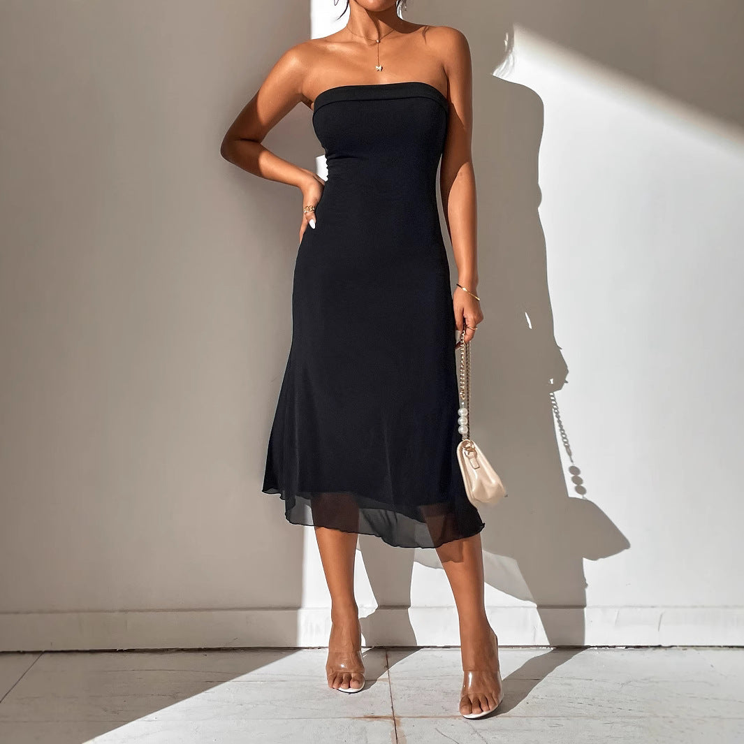 Womens Sleeveless Tube Dress with Cinched Waist and Double Layer Mesh | noémi