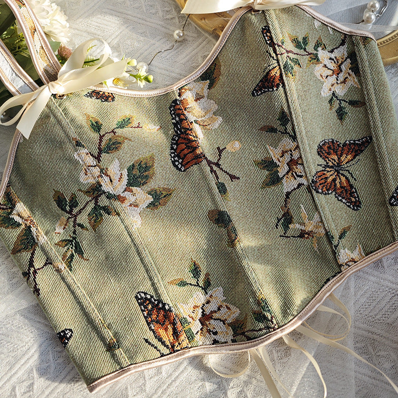 Floral Print Bow Shoulder Strap Corset Vest with Fitted Silhouette | noémi