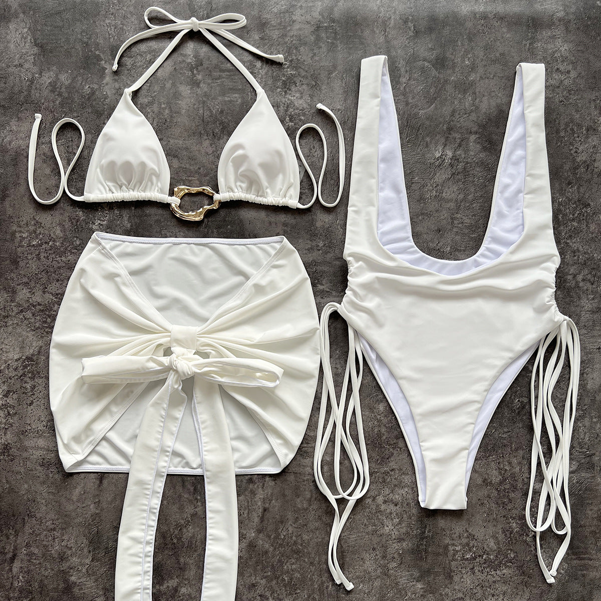 Womens Lace Up Bandage Three Piece Bikini with Metal Buckle Detail | noémi