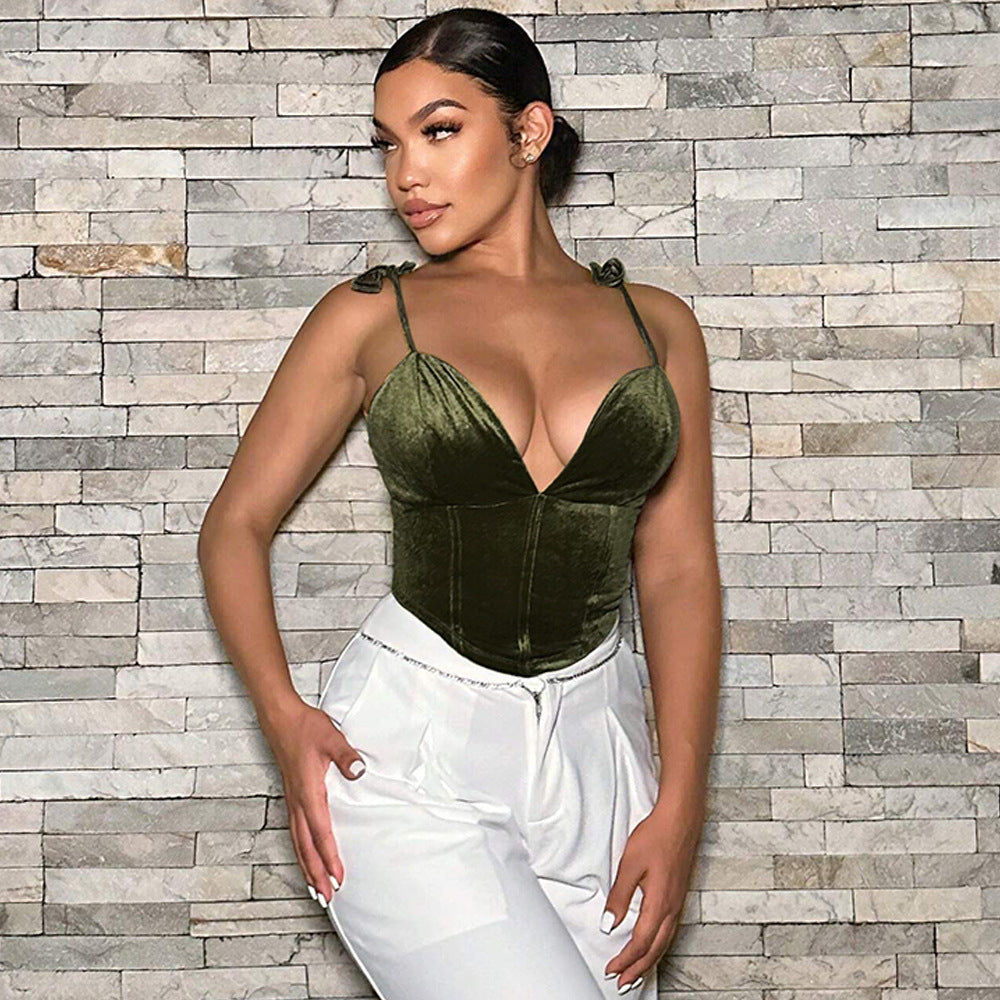 Women’s Velvet Spaghetti Strap Bodysuit | Deep VNeck Slim Fit Top, Olive Green | noémi