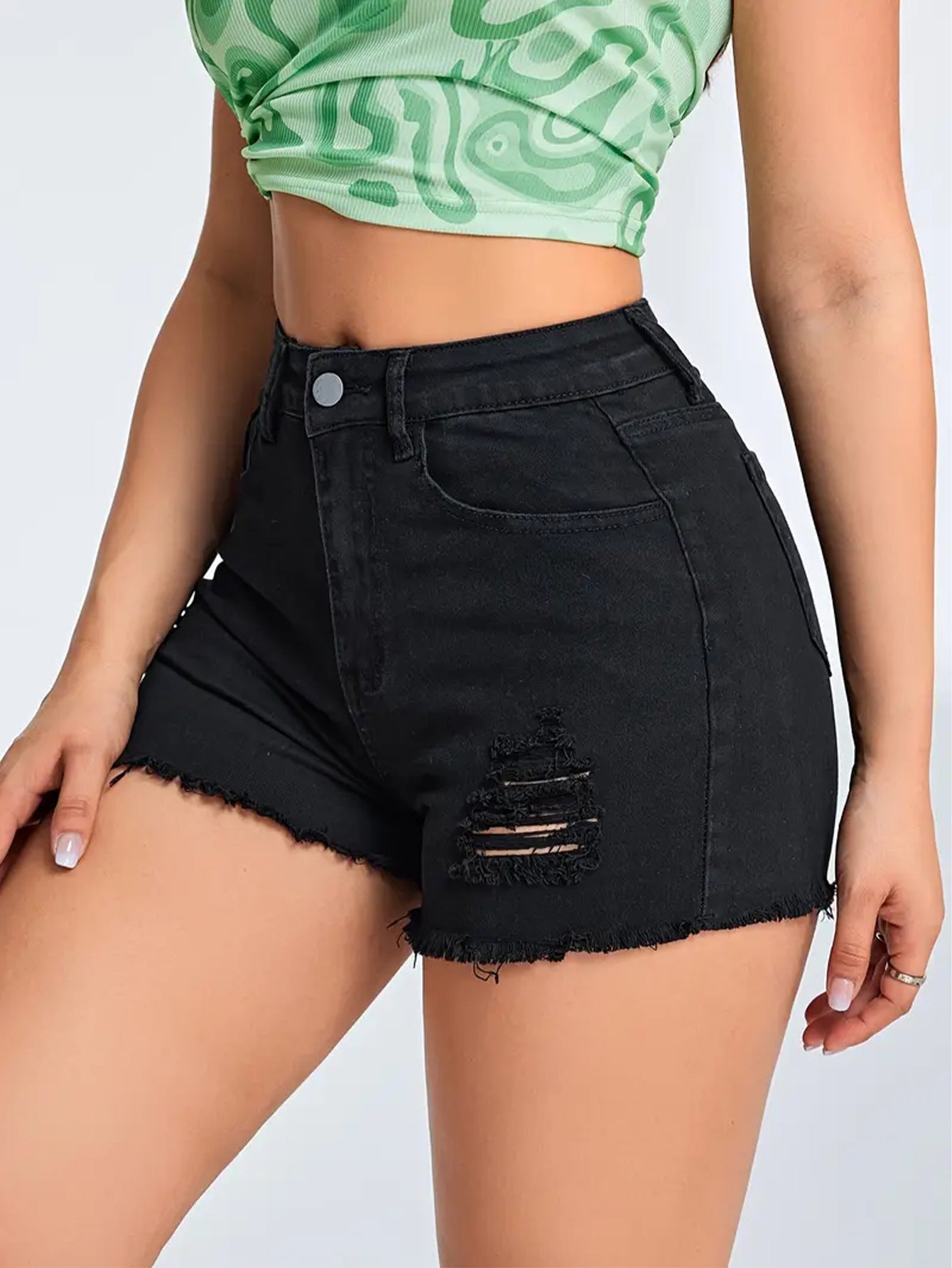 Black Ripped Denim Shorts |  Figure Flattering, Multi Craft Detail | noémi