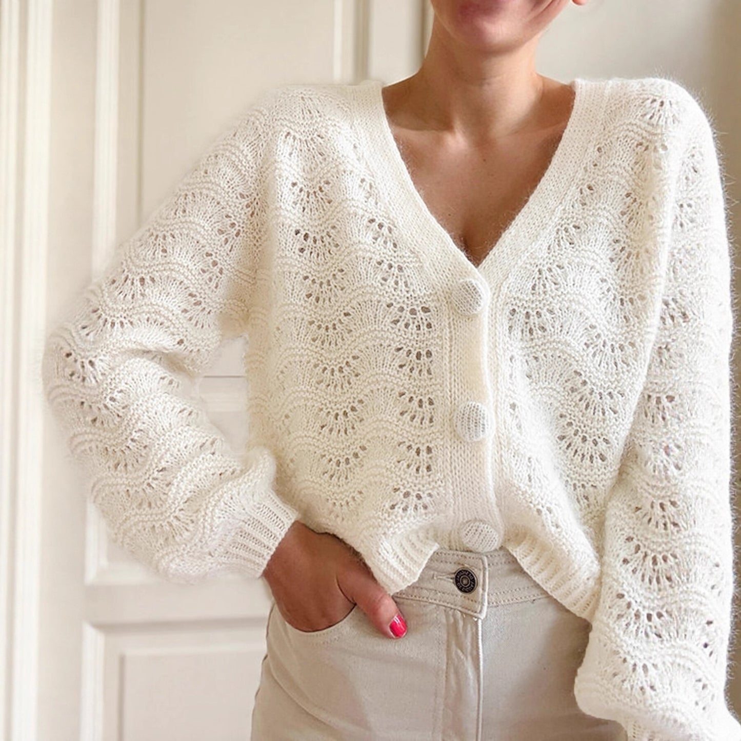 White V Neck Knit Sweater | Cropped Loose Fit | Long Sleeve Hollow Out | noémi