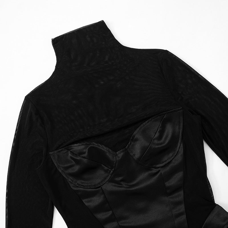 Mesh Patchwork Turtleneck Dress with Cutout Details and Slim Fit | noémi