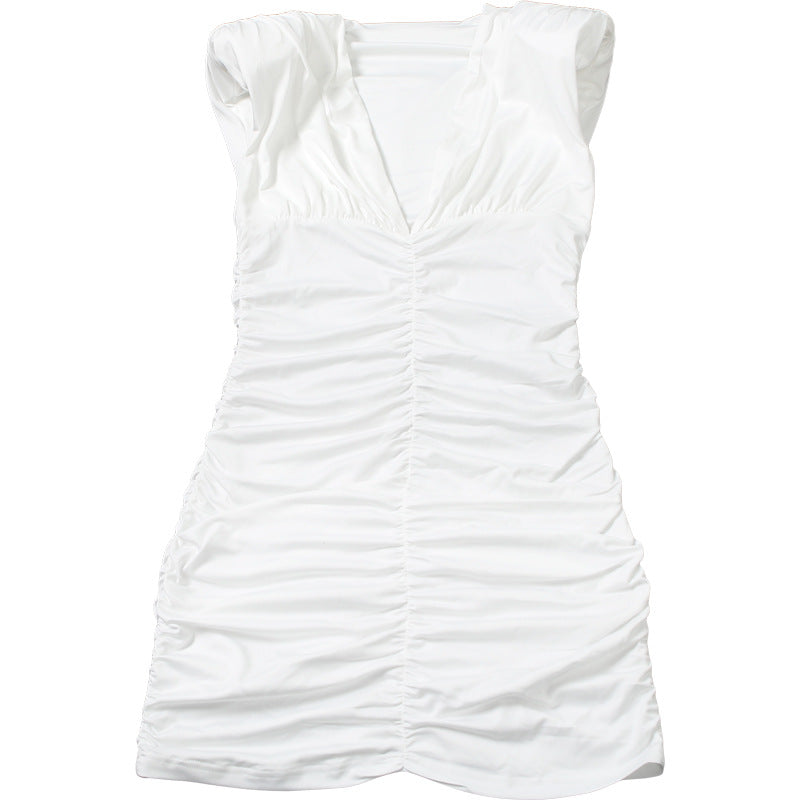 Womens VNeck Pleated Bodycon Dress | Slim Fit, Hip Accentuating, Solid Color | noémi `