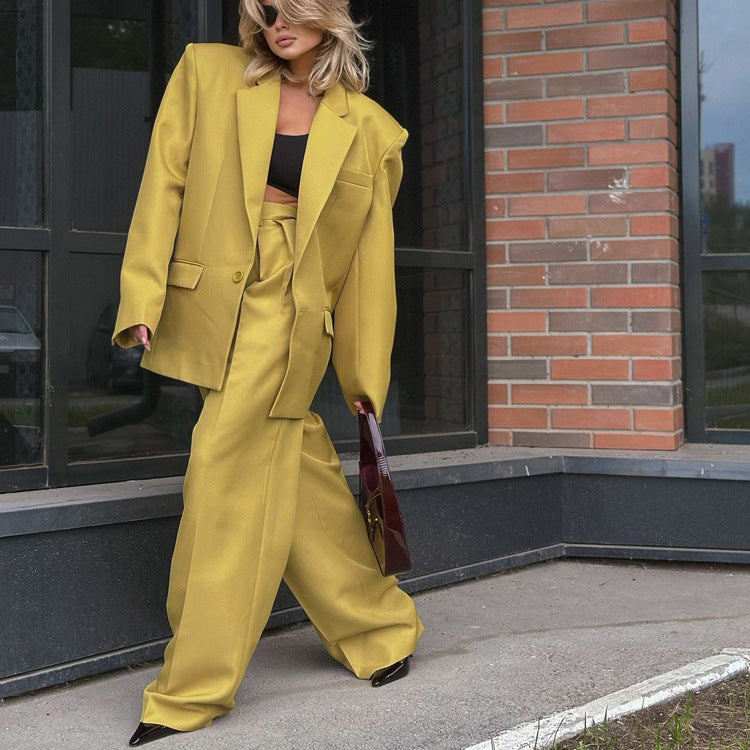 Long Sleeve Collared Baggy Coat & High Waist Wide Leg Pants Two Piece Set | noémi