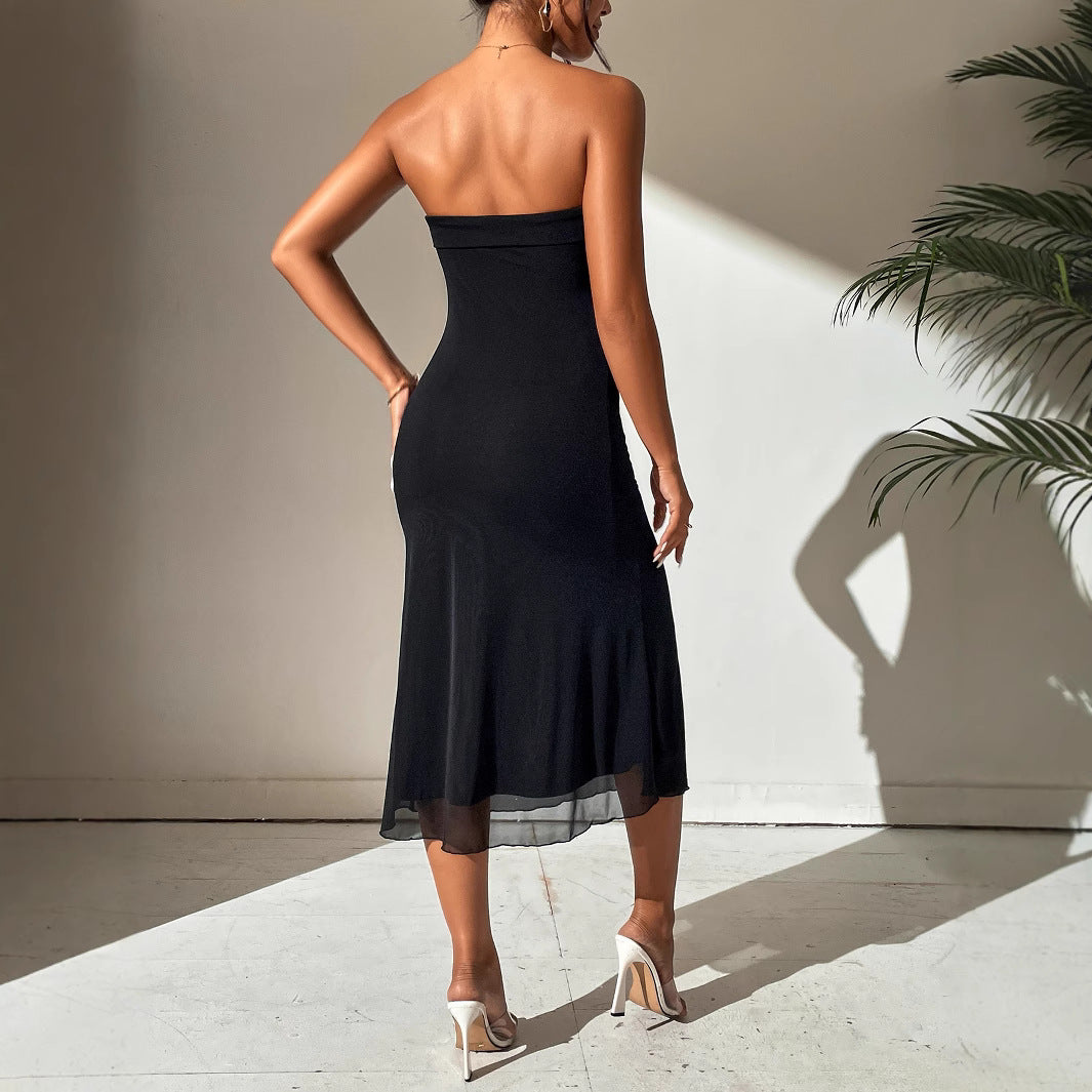 Womens Sleeveless Tube Dress with Cinched Waist and Double Layer Mesh | noémi
