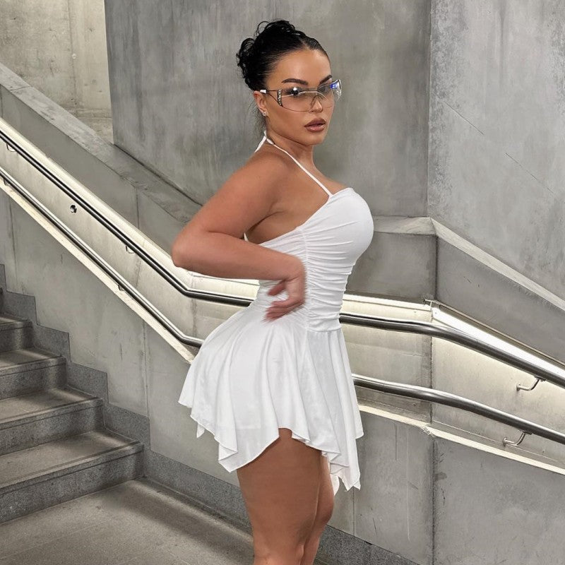 White Ruched Halter Mini Dress | Skirt, Stretch Fit | noémi