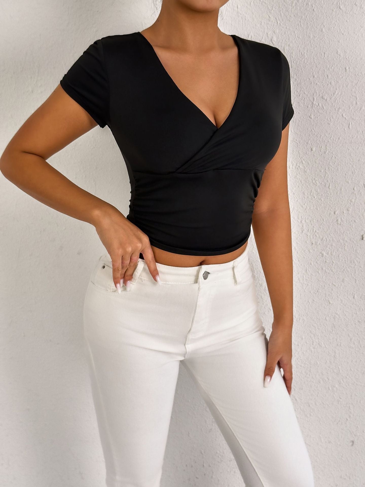 Womens VNeck Slim Fit Wrap Top | Short Sleeve Stretch Tee | noémi