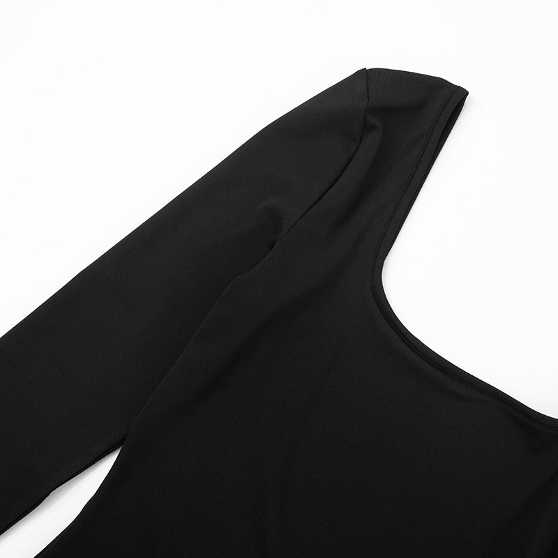 Womens Square Neck Long Sleeve Romper | Black | noémi