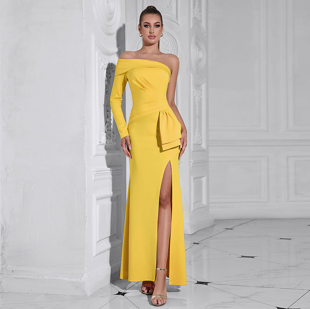 One Shoulder Diagonal Collar Split Hem Bodycon Dress | noémi