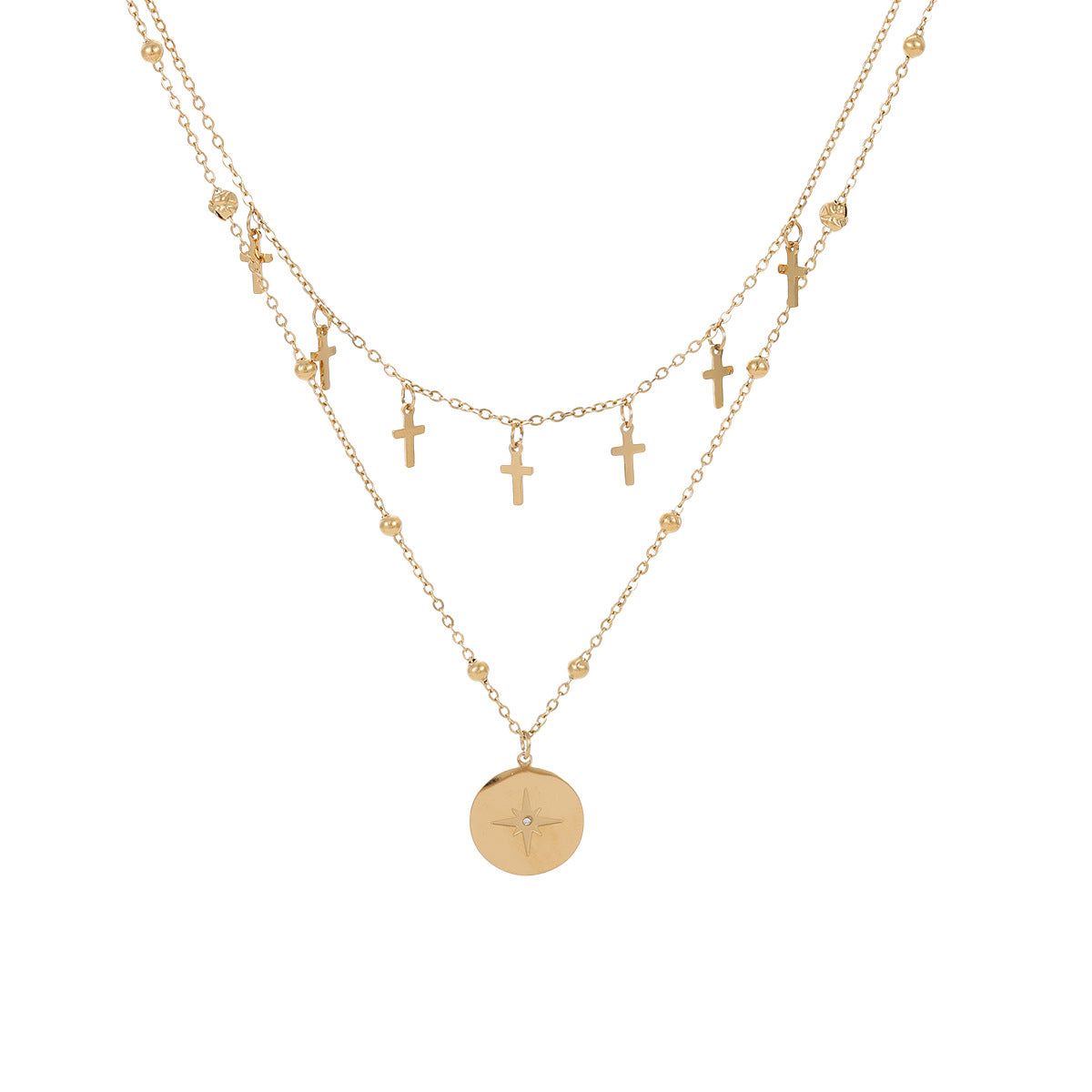 Retro Double Layer Cross & Star Pendant Necklace | Stainless Steel, Gold & Silver | noémi
