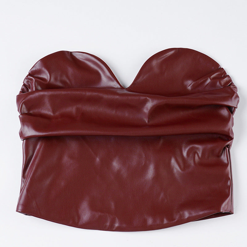 Faux Leather Bandeau Top | Asymmetric VNeck, Pleated Waist, Strapless, Wine Red | noémi